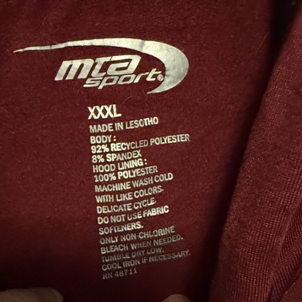 MTA Sport Men’s Burgundy and Black Hoodie Sweater Size XXXL - Picture 3 of 4